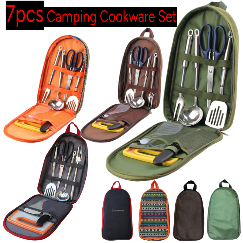 Camping Cooking Cutlery Set - 7pcs Camping Kitchen Utensil Set with