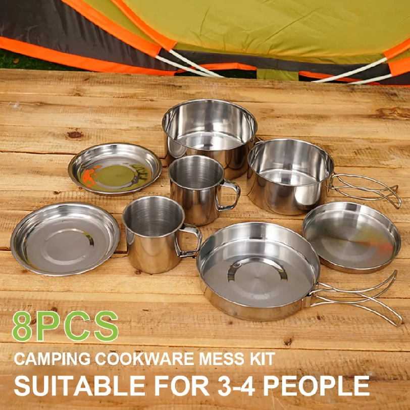 8pcs/Set Camping Cookware Mess - đánh giá và giá Camping Cooking Rice